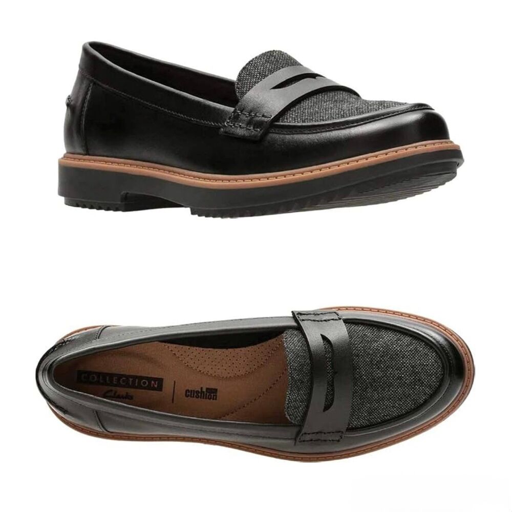 CLARKS Women’s Size 7.5 Raisie Eletta Comfort Loafers Black Leather Tweed Casual